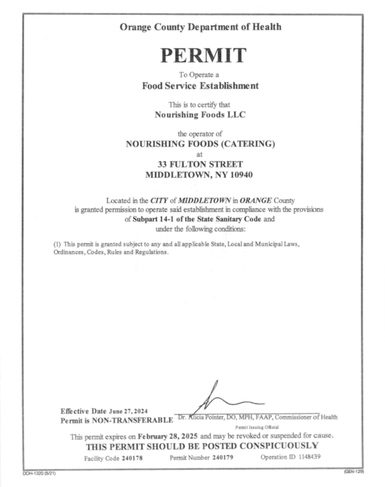 Food safety certificate for Nourishing Foods LLC Purity Kitchen